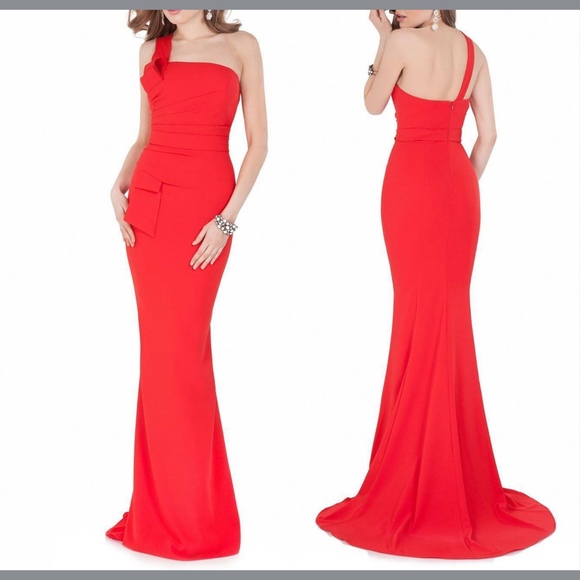 NWT Terani Couture One-Shoulder‎ Mermaid Gown Red [SZ 12 ] - Picture 1 of 11